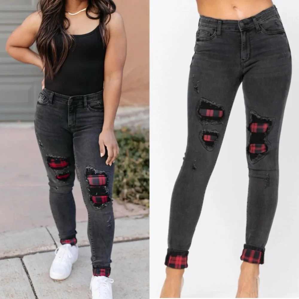 Judy Blue Buffalo Plaid Peek-A-Boo High Rise Skinny Jeans Charcoal Grey Black